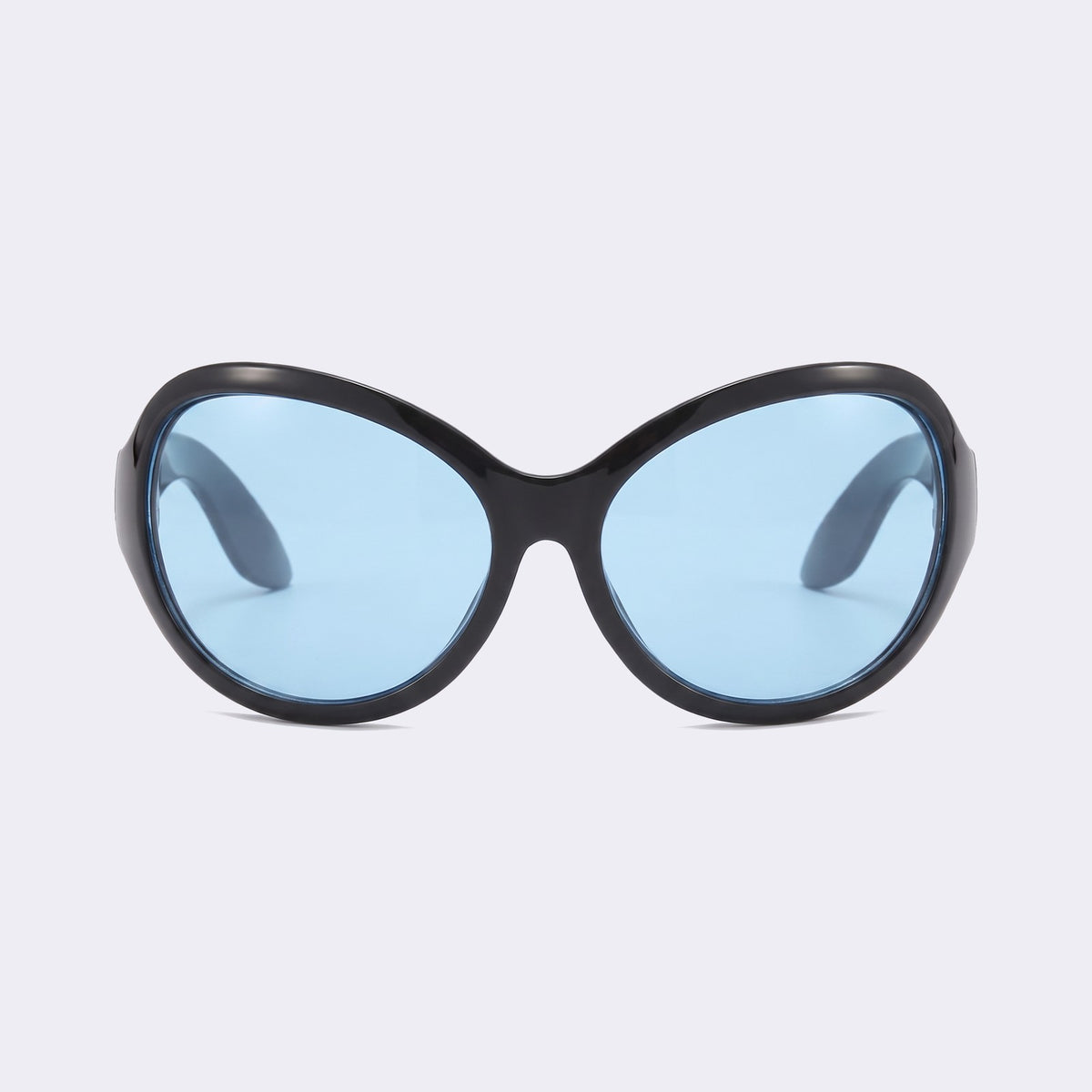 Bug-eye wraparound sunglasses with glossy black frame and blue lenses, front view — Barcelona — Velezeco #opt1_5