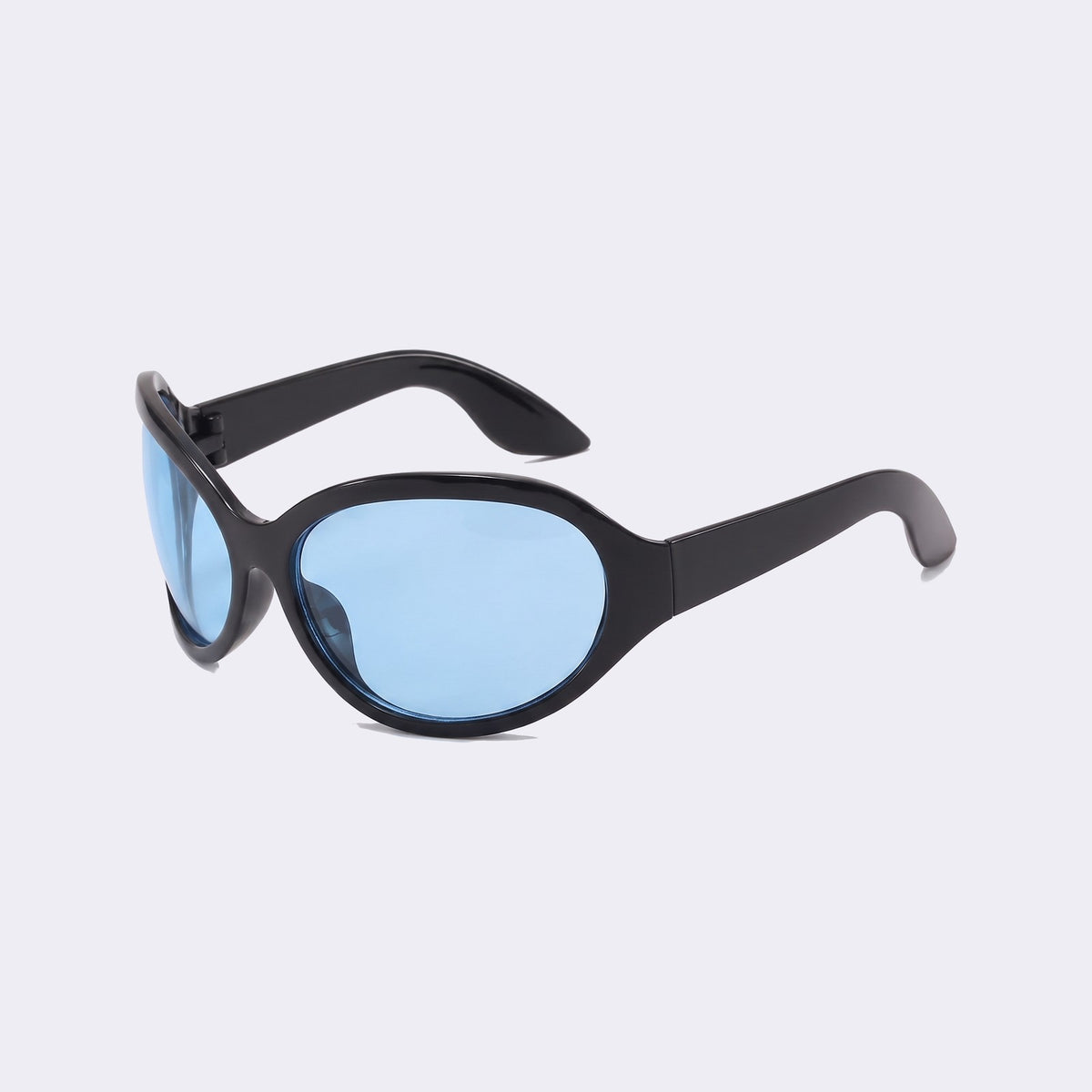 Three-quarter view of the Barcelona bug-eye with glossy black frame and blue lenses and curved wraparound temples — Velezeco #opt1_5