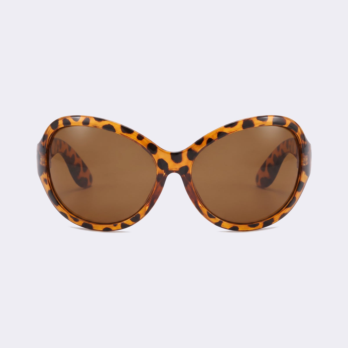 Bug-eye wraparound sunglasses with leopard print frame and brown lenses, front view — Barcelona — Velezeco #opt1_6