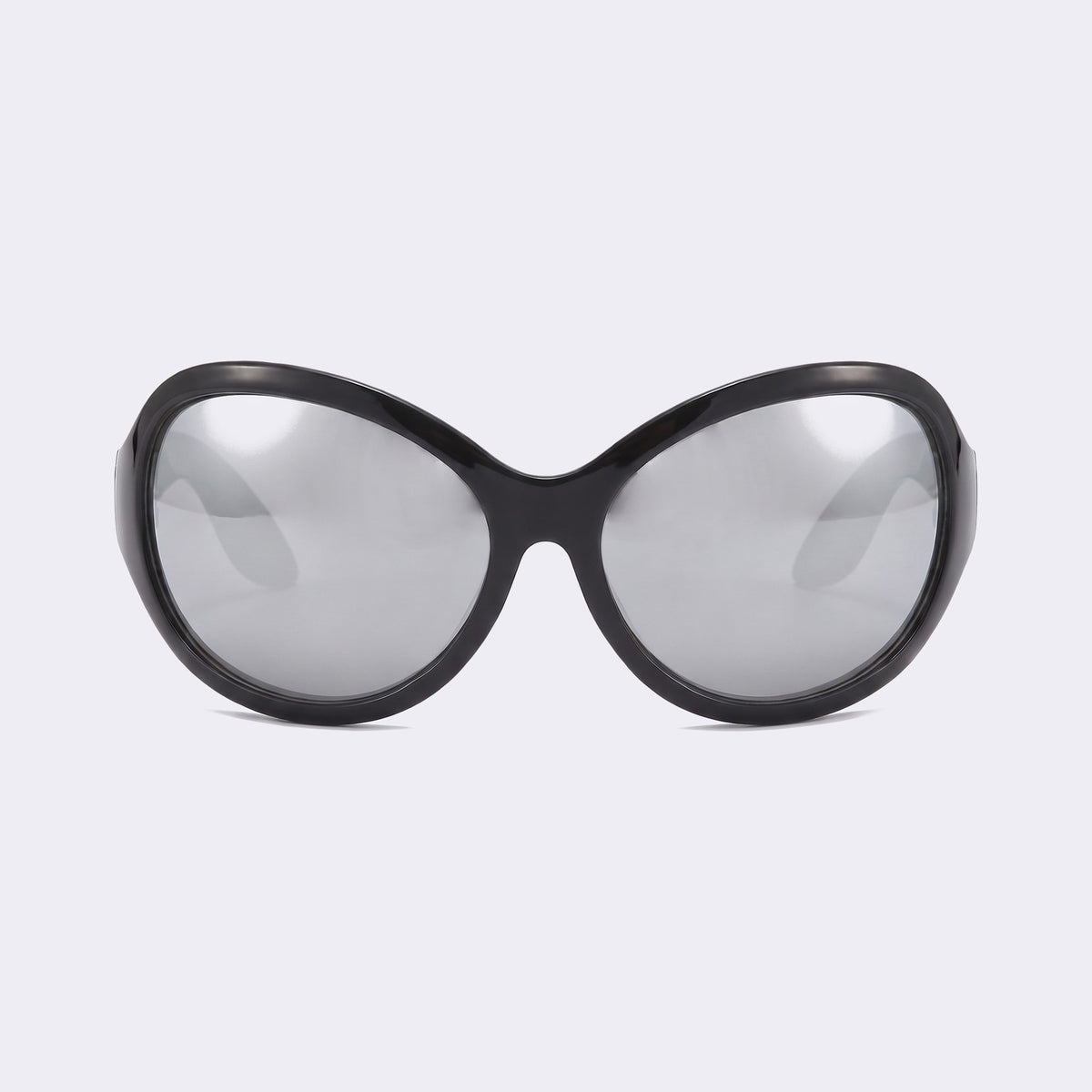 Bug-eye wraparound sunglasses with glossy black frame and silver mirror lenses, front view — Barcelona — Velezeco #opt1_2