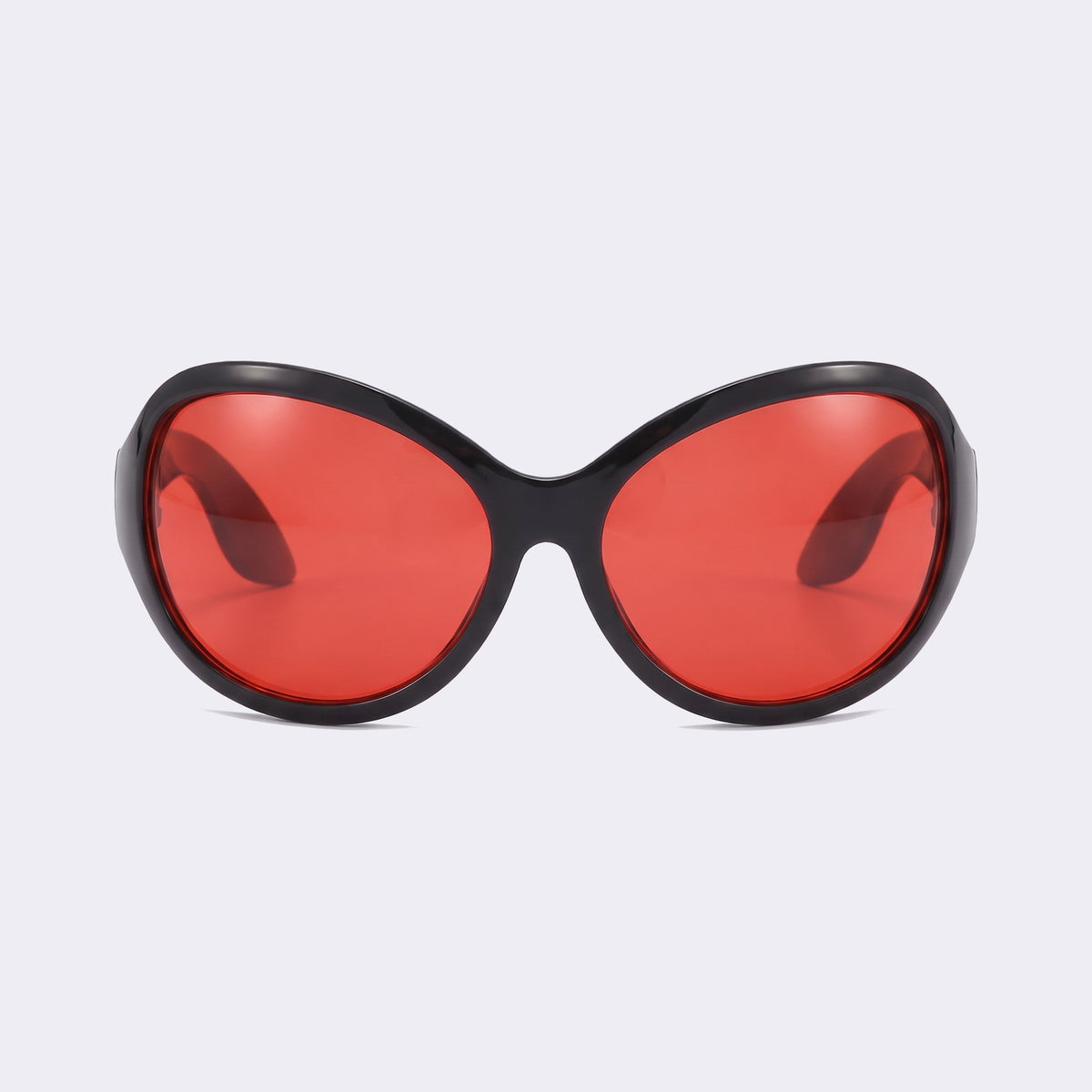 Bug-eye wraparound sunglasses with glossy black frame and red lenses, front view — Barcelona — Velezeco #opt1_3