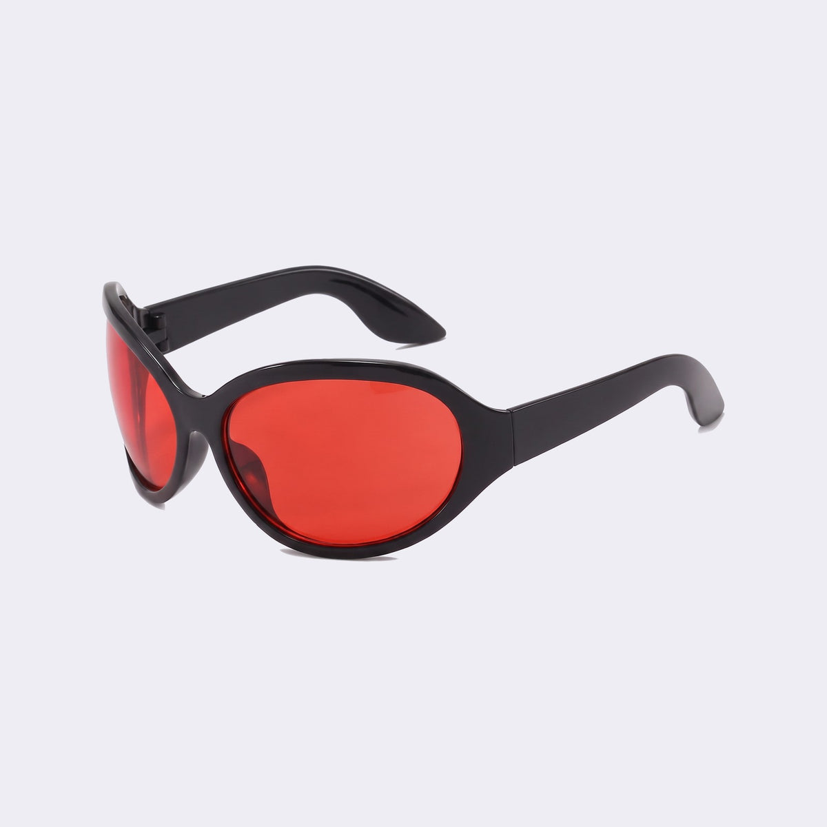 Three-quarter view of the Barcelona bug-eye with glossy black frame and red lenses and curved wraparound temples — Velezeco #opt1_3