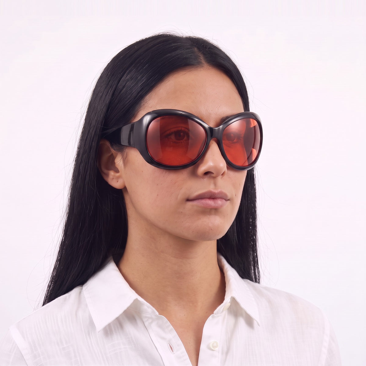 Woman in a white linen shirt wearing Barcelona bug-eye sunglasses with glossy black frame and red lenses — Velezeco #opt1_3