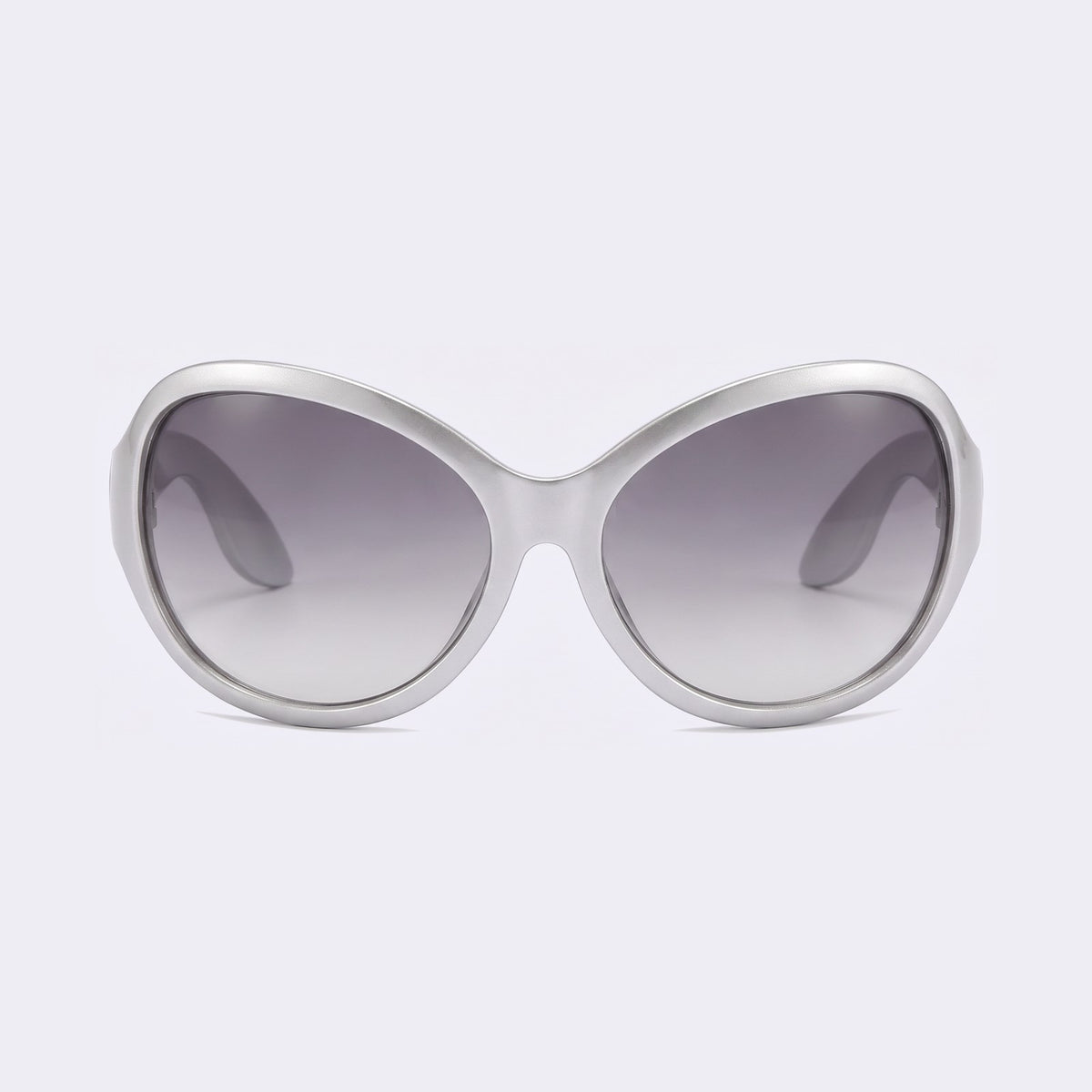 Bug-eye wraparound sunglasses with silver frame and gradient grey lenses, front view — Barcelona — Velezeco #opt1_7