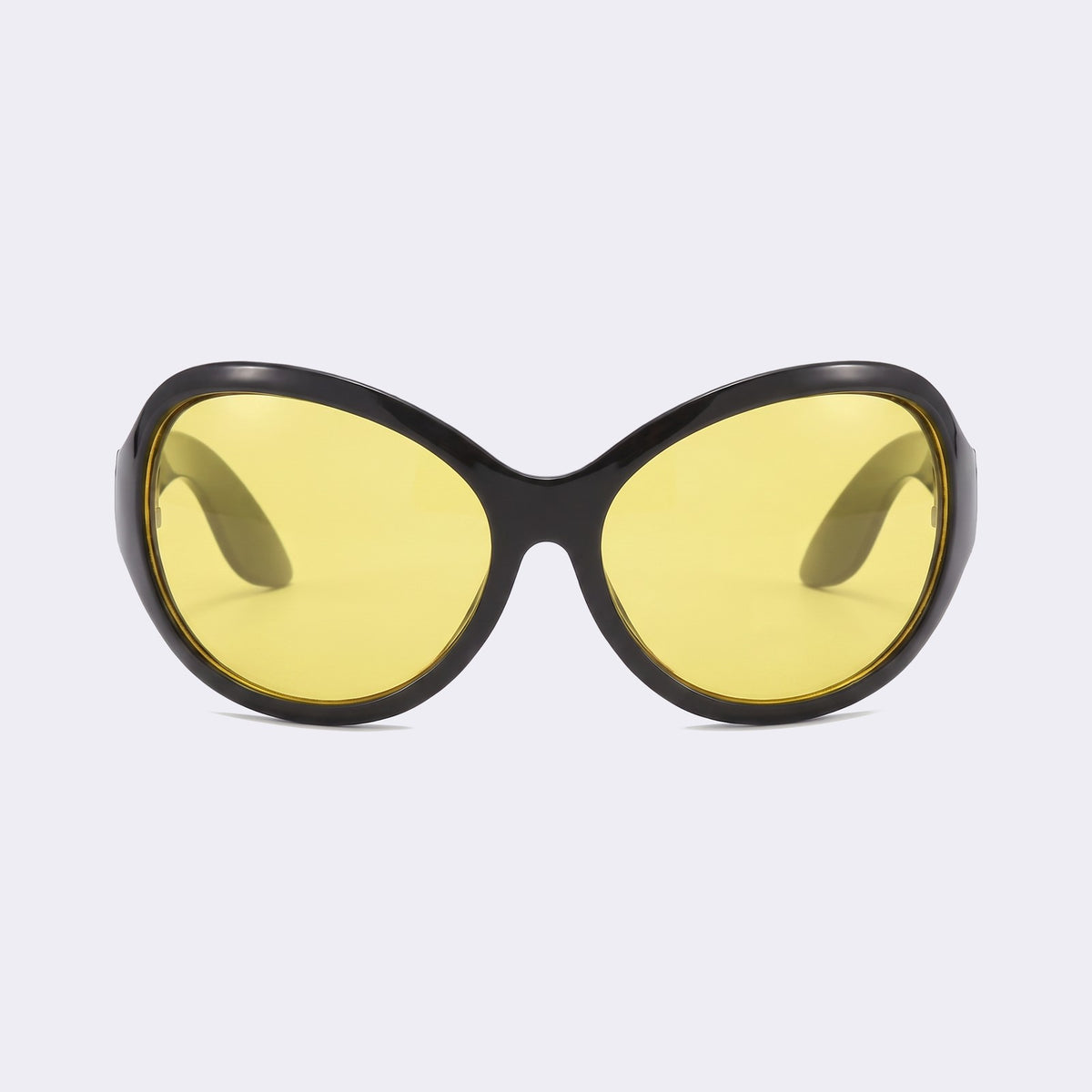 Bug-eye wraparound sunglasses with glossy black frame and yellow lenses, front view — Barcelona — Velezeco #opt1_4