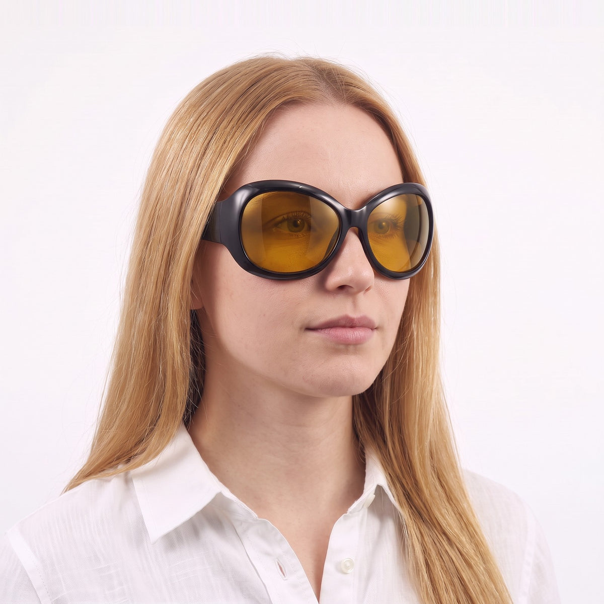 Woman in a white linen shirt wearing Barcelona bug-eye sunglasses with glossy black frame and yellow lenses — Velezeco #opt1_4