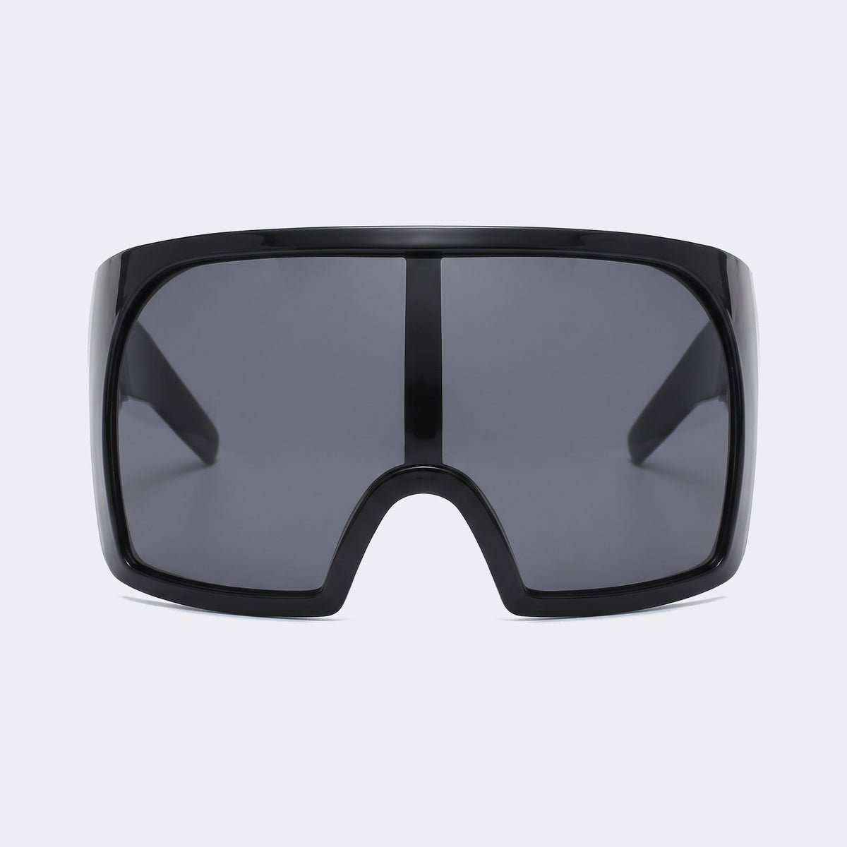 Oversized shield sunglasses with glossy black frame and grey lens, front view — Berlin — Velezeco #opt1_1