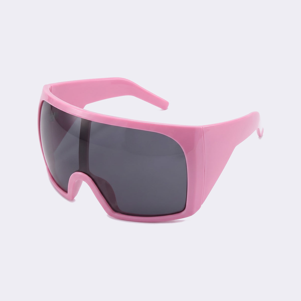 Three-quarter view of the glossy pink frame and grey lens showing the wide wraparound temples — Berlin — Velezeco #opt1_4