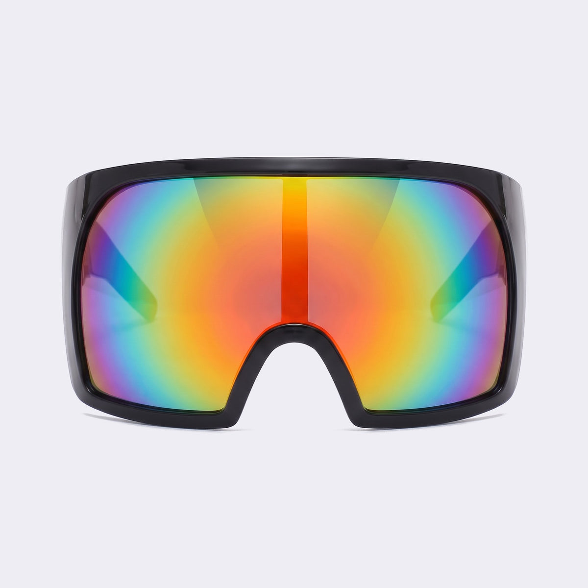 Oversized shield sunglasses with glossy black frame and rainbow mirror lens, front view — Berlin — Velezeco #opt1_2
