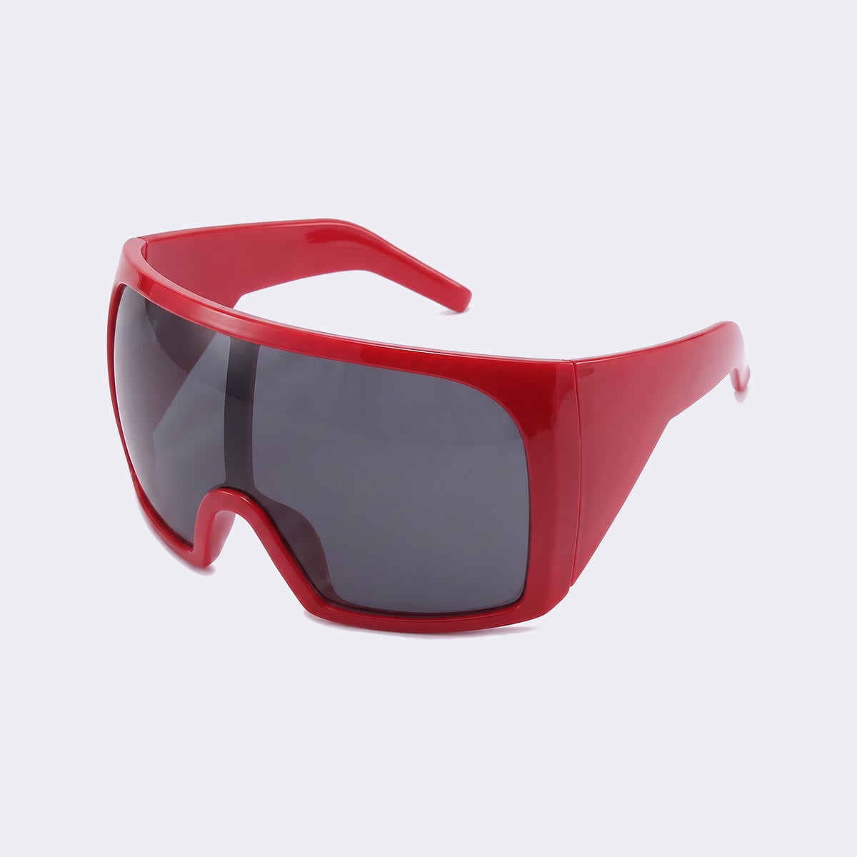 Three-quarter view of the glossy red frame and grey lens showing the wide wraparound temples — Berlin — Velezeco #opt1_5