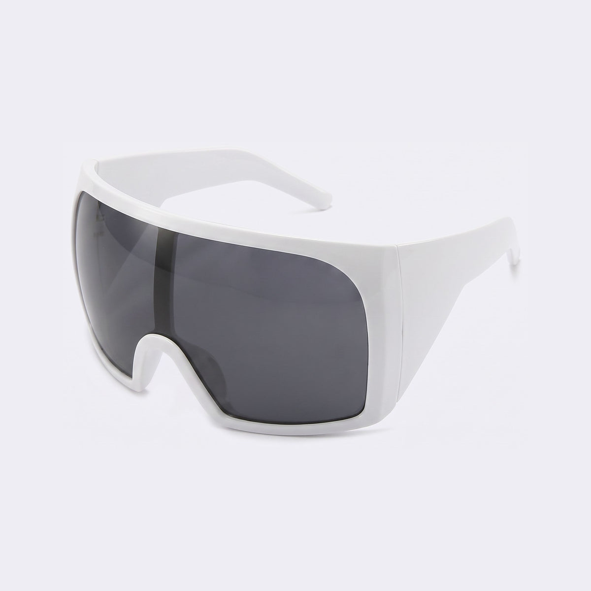 Three-quarter view of the glossy white frame and grey lens showing the wide wraparound temples — Berlin — Velezeco #opt1_3