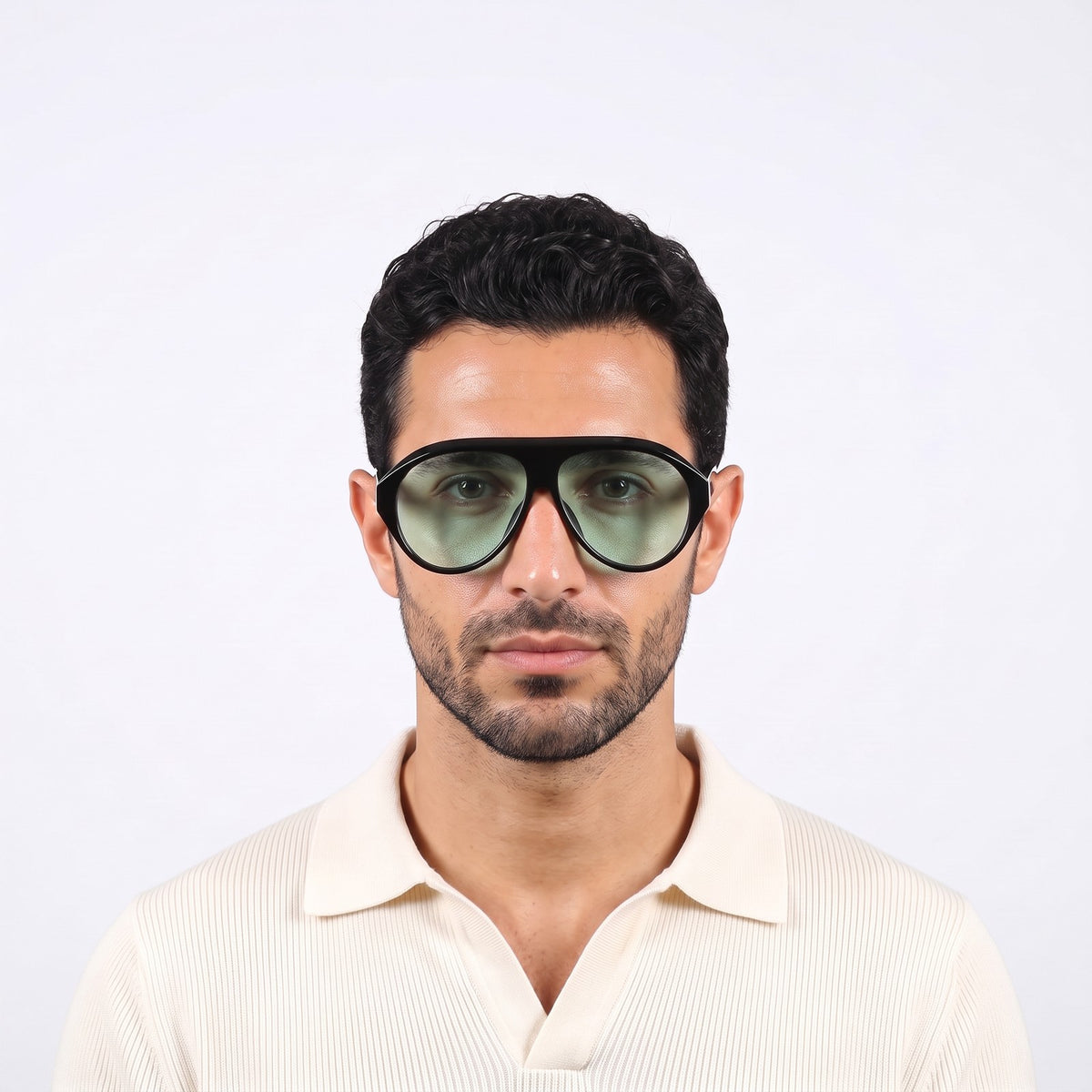 Man in a cream knit polo wearing Boston black oversized aviator sunglasses with light green lenses · Velezeco #opt1_5