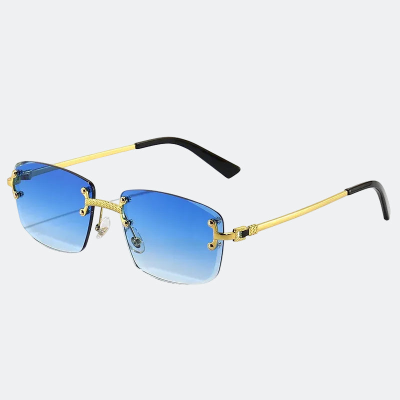 Rimless rectangular sunglasses with gold engraved temples and blue gradient lenses — Cannes — Velezeco