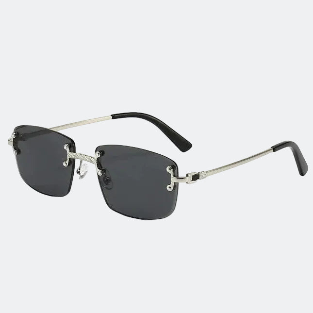 Rimless rectangular sunglasses with silver engraved temples and black lenses — Cannes — Velezeco