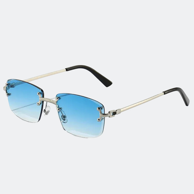 Rimless rectangular sunglasses with silver engraved temples and blue gradient lenses — Cannes — Velezeco