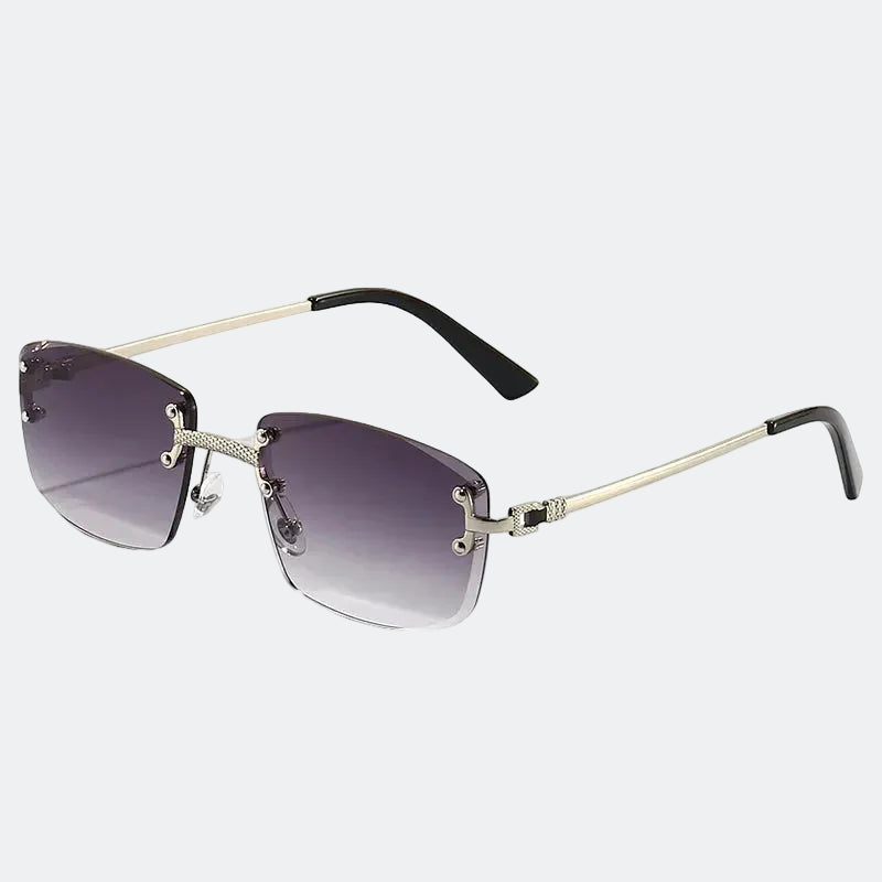 Rimless rectangular sunglasses with silver engraved temples and smoke gradient lenses — Cannes — Velezeco