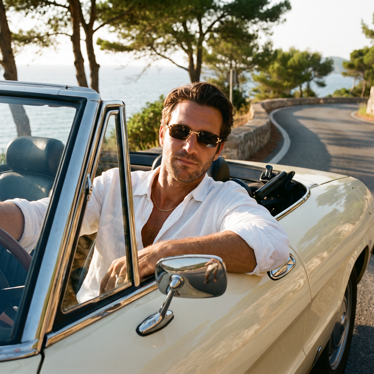Man in a convertible wearing Cannes rimless sunglasses with gold temples and black lenses — Velezeco