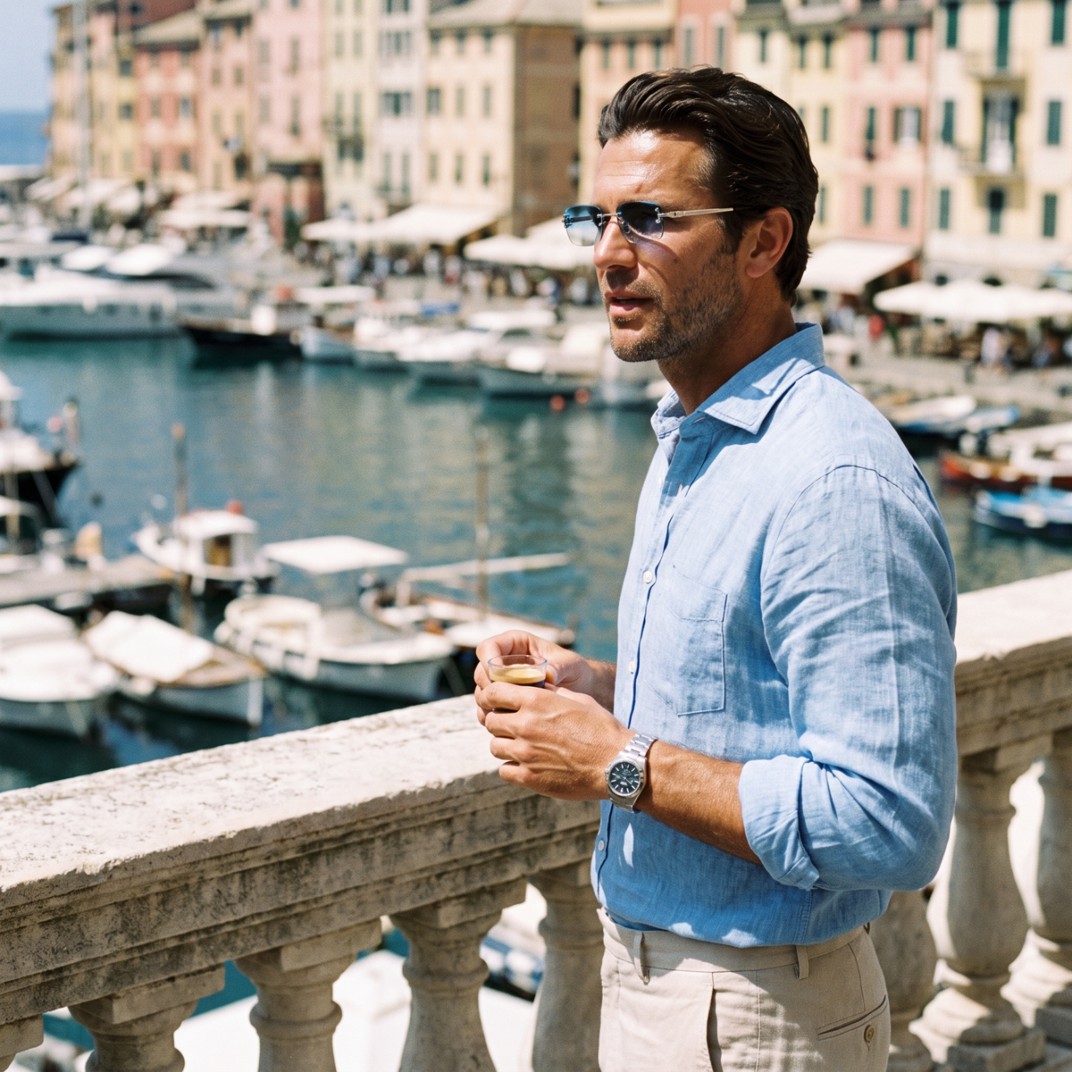 Man on a harbour terrace wearing Cannes rimless sunglasses with blue gradient lenses — Velezeco