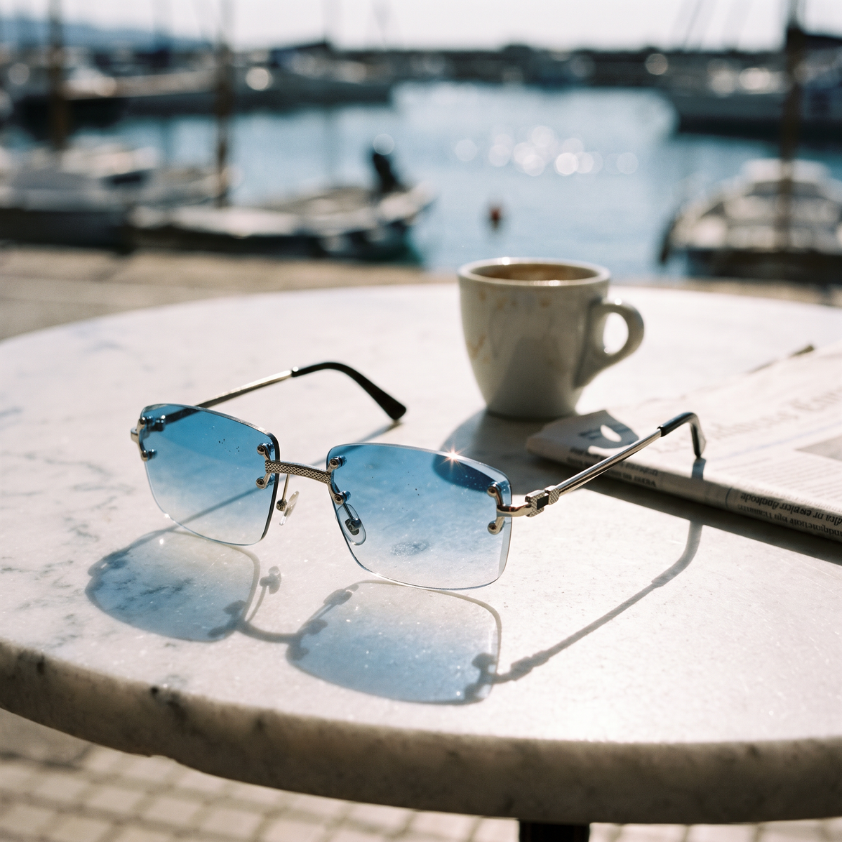 Cannes rimless sunglasses with blue gradient lenses resting on a sunlit marble cafe table — Velezeco