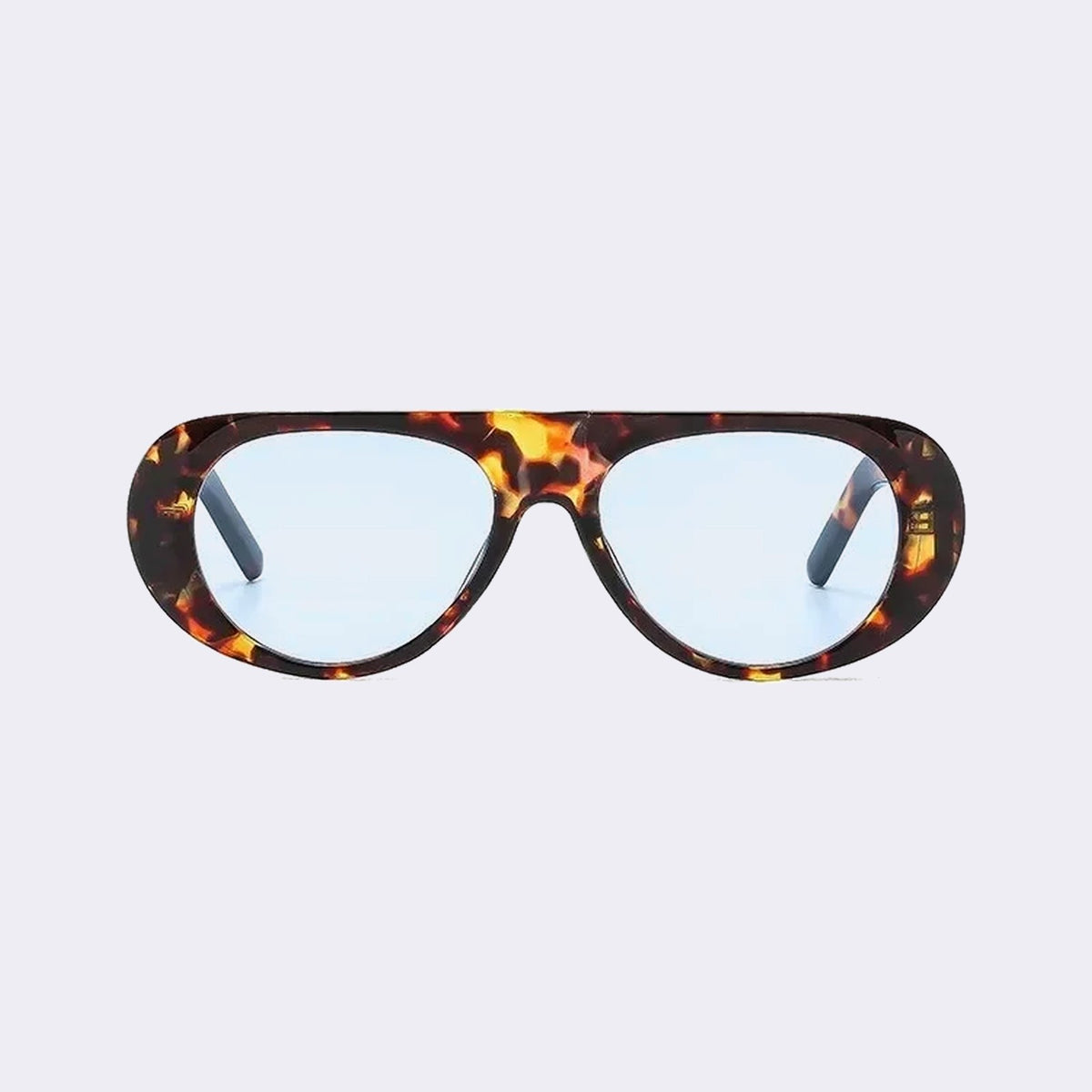 Oval goggle sunglasses with a tortoiseshell frame and pale blue lenses, front view — Cortina — Velezeco #opt1_3