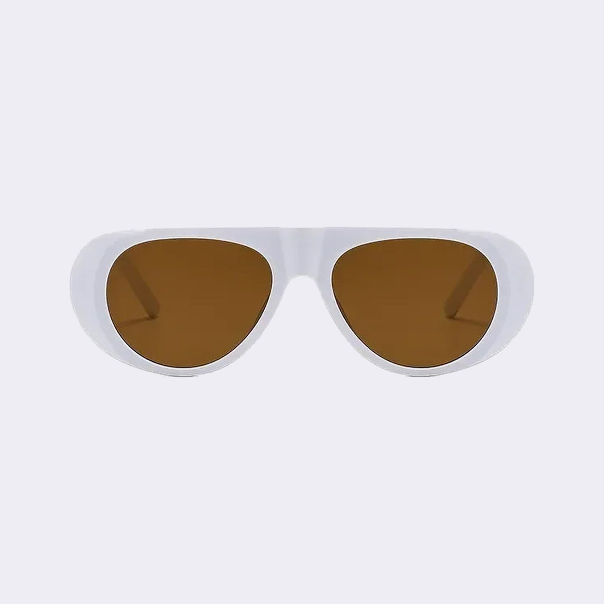 Oval goggle sunglasses with a white frame and brown lenses, front view — Cortina — Velezeco #opt1_8