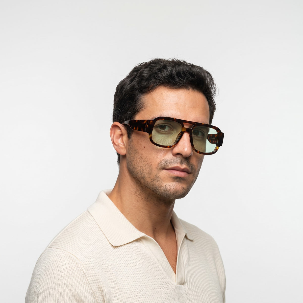 Man in a cream knit polo wearing Crimson oversized square aviator sunglasses in Leopard tortoiseshell with green lenses - Velezeco #opt1_3