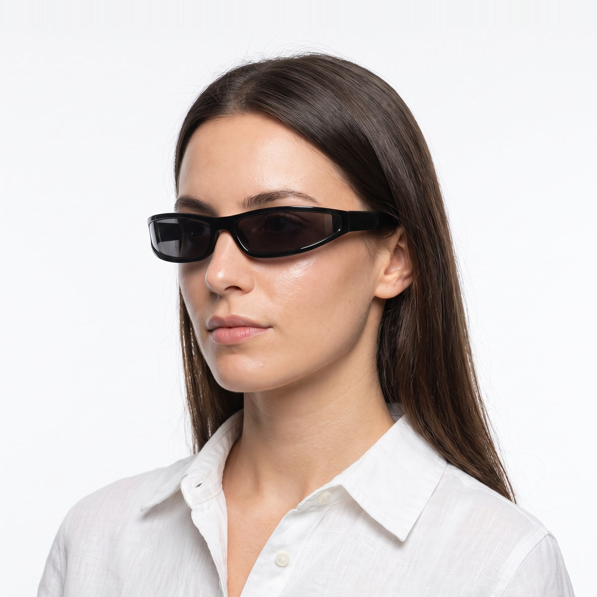 Woman in a white linen shirt wearing Dax black wraparound sunglasses with dark grey lenses · Velezeco #opt1_1