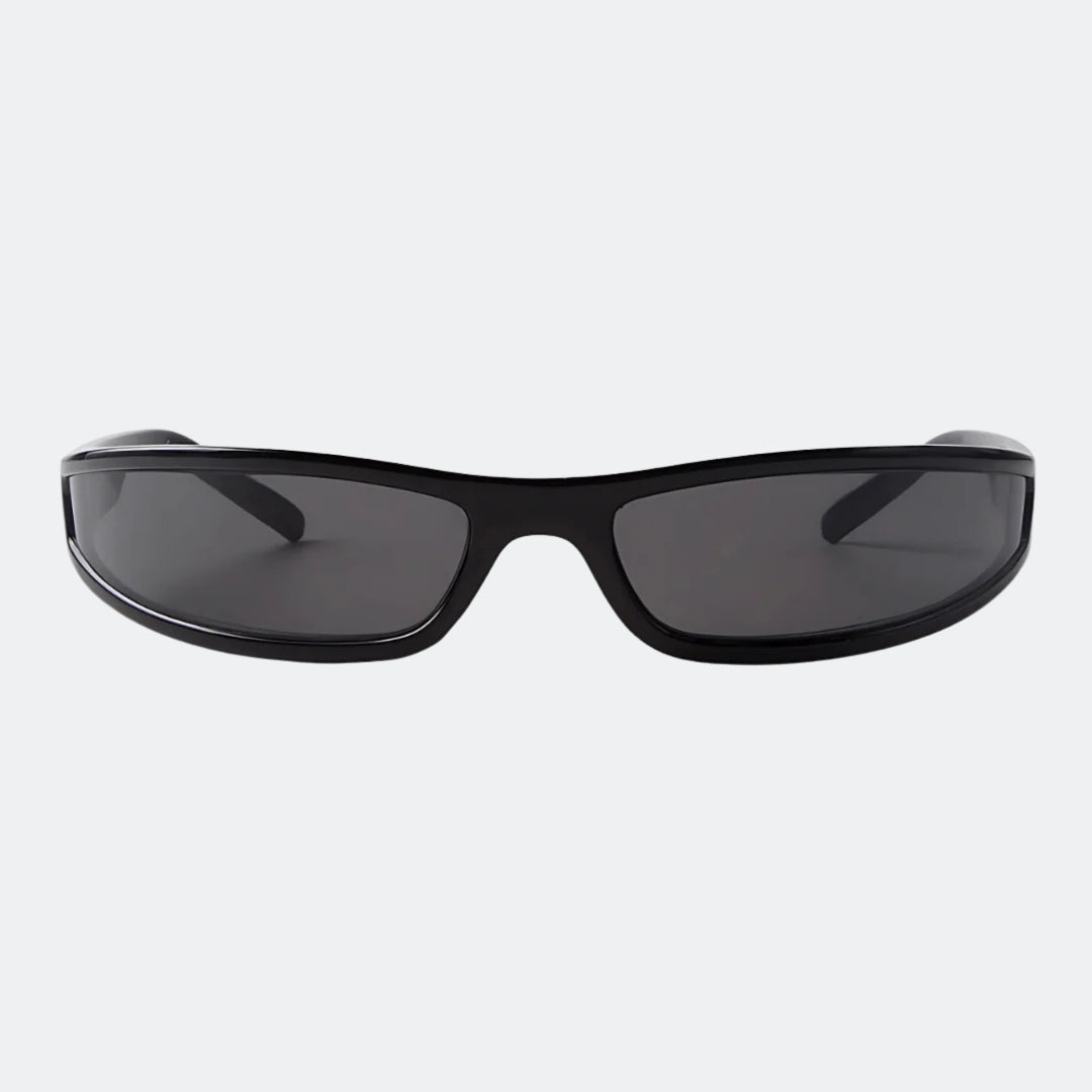 Dax black wraparound sunglasses with dark grey lenses, front view · Velezeco #opt1_1