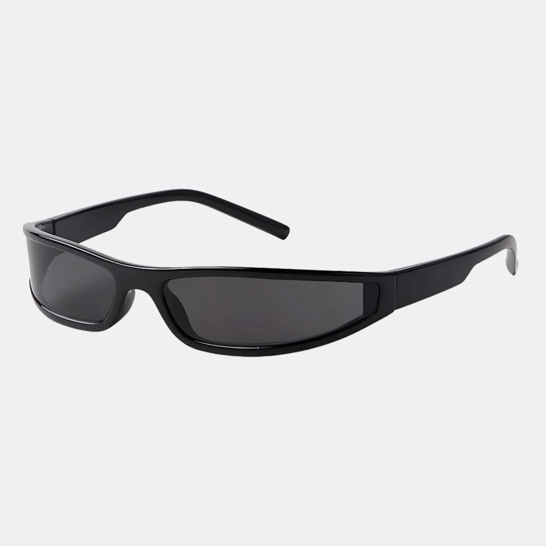 Dax black wraparound sunglasses with dark grey lenses, three-quarter view · Velezeco #opt1_1