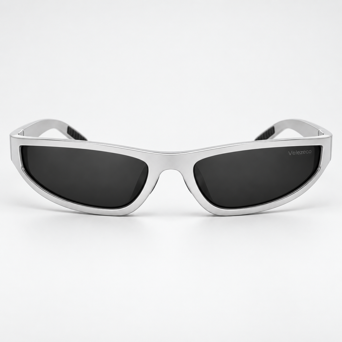 Dax silver-grey wraparound sunglasses with dark grey lenses, front view · Velezeco #opt1_2