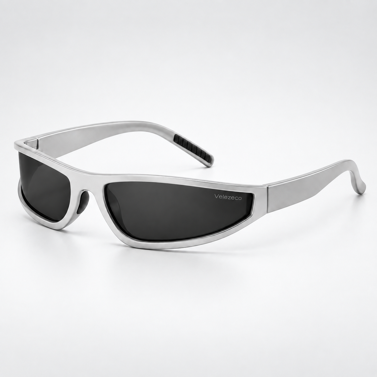 Dax silver-grey wraparound sunglasses with dark grey lenses, three-quarter view · Velezeco #opt1_2