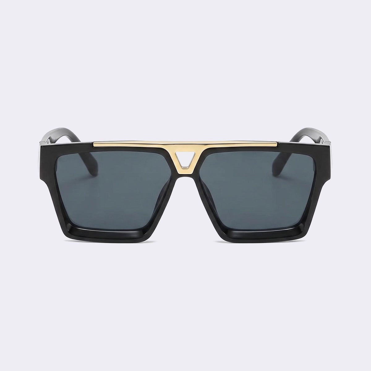 Square sunglasses with a glossy black frame and dark grey lens, front view — Dunke — Velezeco #opt1_1