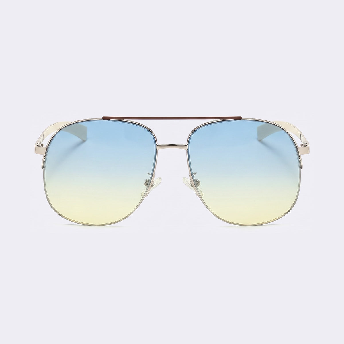 Oversized aviator sunglasses with silver double bridge and blue-to-yellow gradient lenses, front view — Dubai — Velezeco #opt1_7