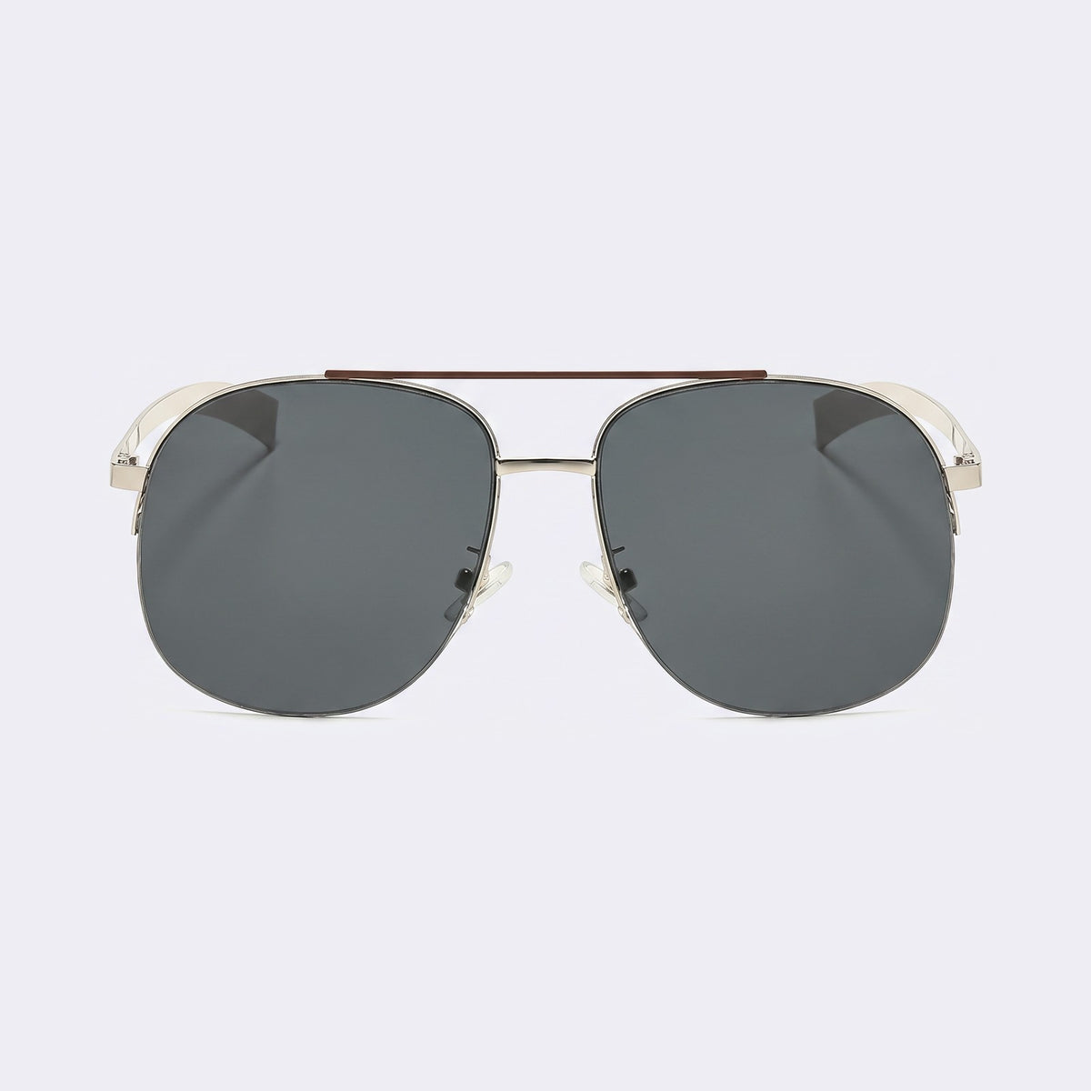 Oversized aviator sunglasses with silver double bridge and dark grey lenses, front view — Dubai — Velezeco #opt1_1