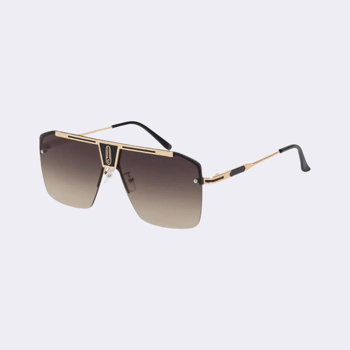 Three-quarter view of the Alpine shield with a gold frame and warm coffee beige gradient lens — Velezeco #opt1_4