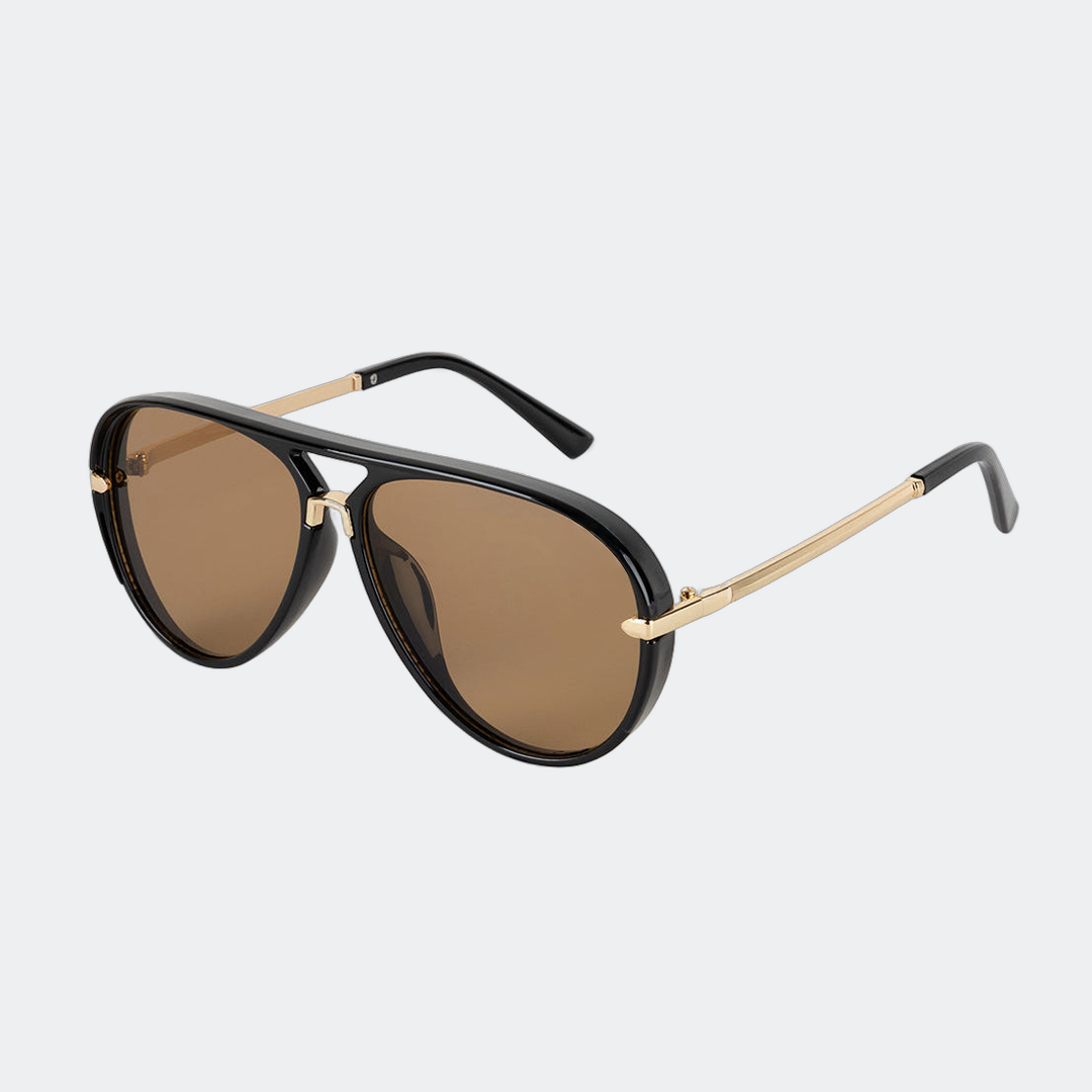 Aviator sunglasses in Black Amber with amber lenses, angled view — Elysia — Velezeco