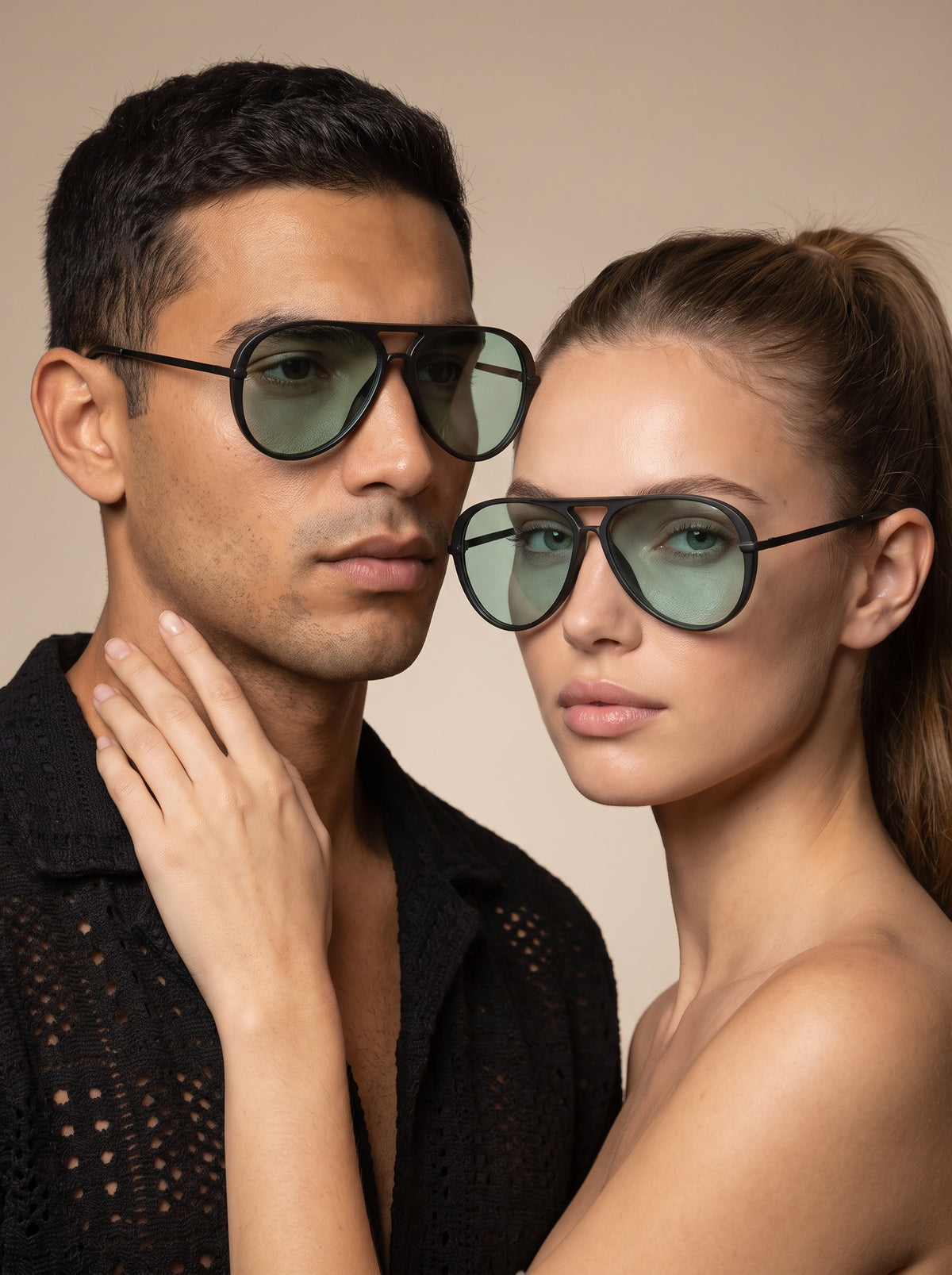 Two models wearing Elysia aviator sunglasses in Black Green Lens with green lenses — Velezeco #opt1_3