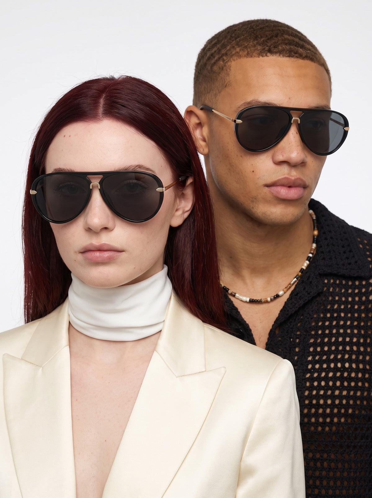 Two models wearing Elysia aviator sunglasses in Black with black smoke lenses — Velezeco #opt1_2