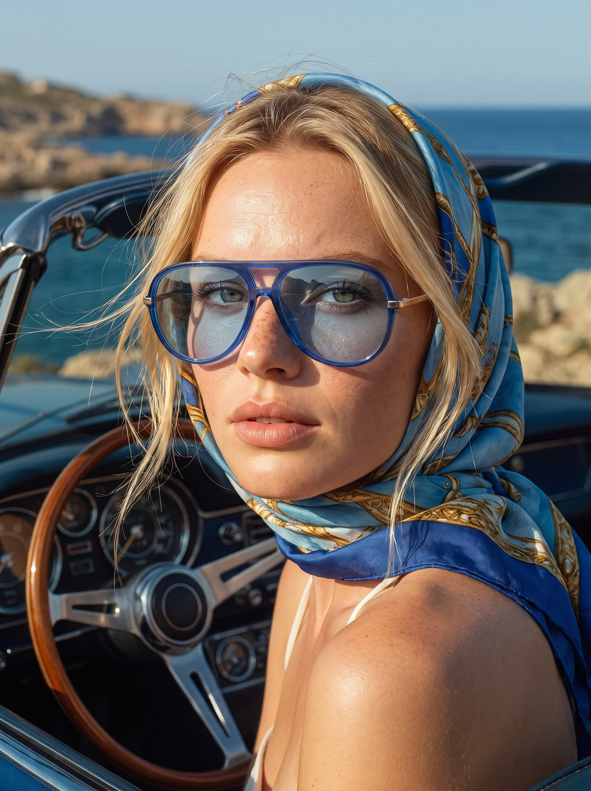 Model wearing Elysia aviator sunglasses in Blue with blue lenses in a convertible — Velezeco #opt1_6