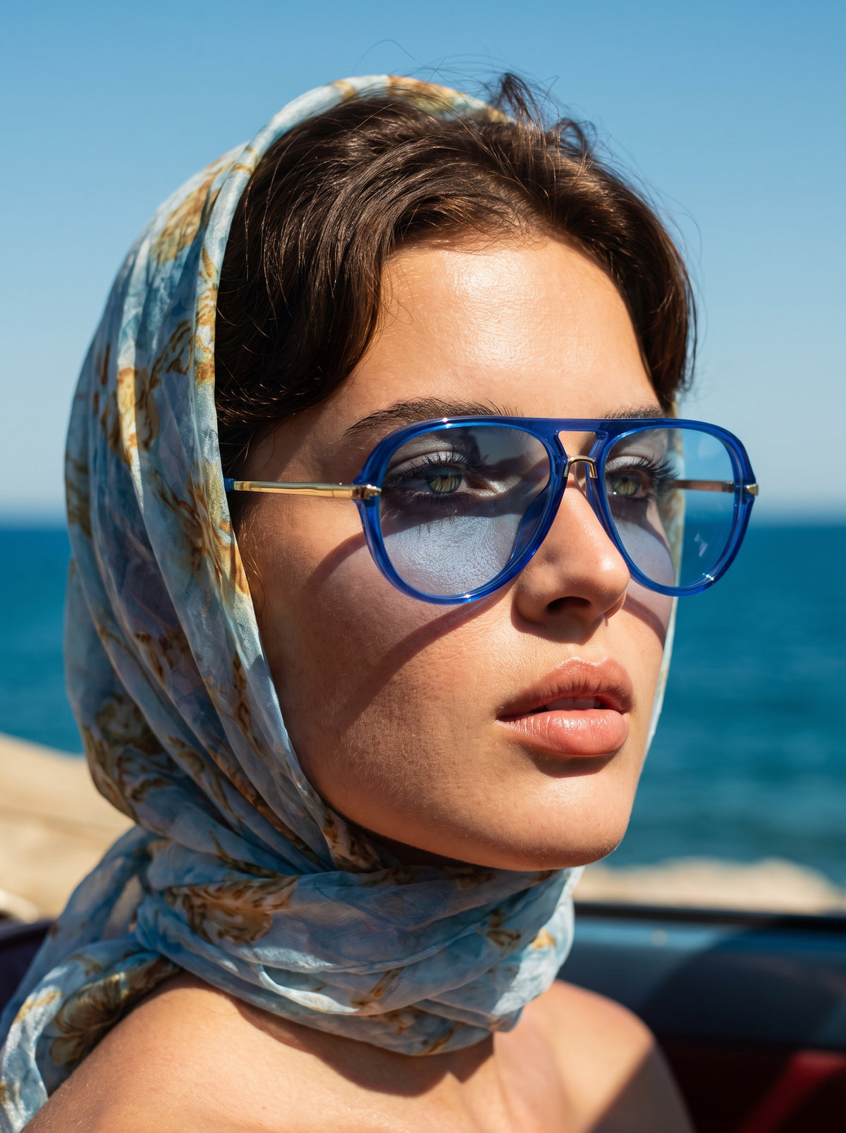 Model wearing Elysia aviator sunglasses in Blue with blue lenses by the sea — Velezeco #opt1_6