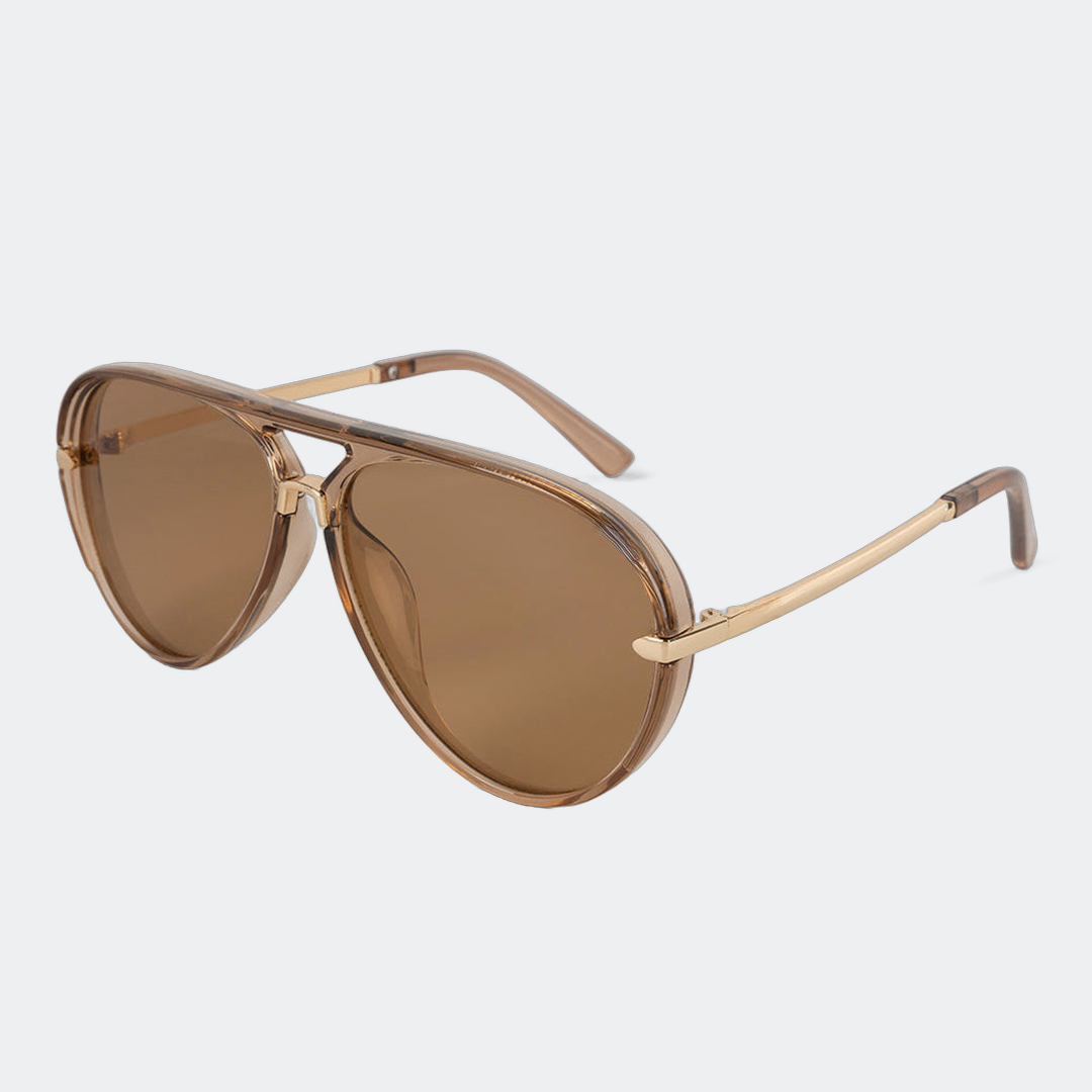 Aviator sunglasses in Brown with brown lenses, angled view — Elysia — Velezeco
