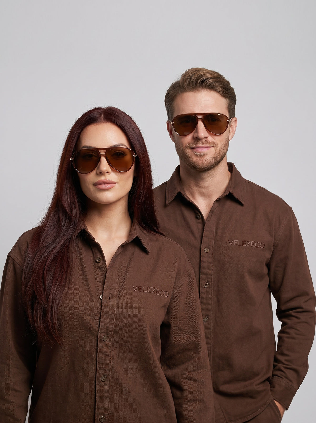 Two models wearing Elysia aviator sunglasses in Brown with brown lenses — Velezeco #opt1_4