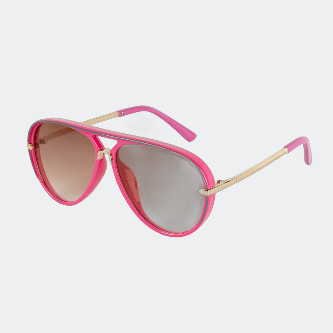 Aviator sunglasses in Pink with brown gradient lenses, angled view — Elysia — Velezeco