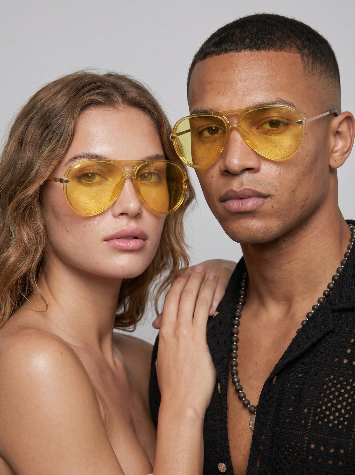 Two models wearing Elysia aviator sunglasses in Yellow with yellow lenses — Velezeco #opt1_7