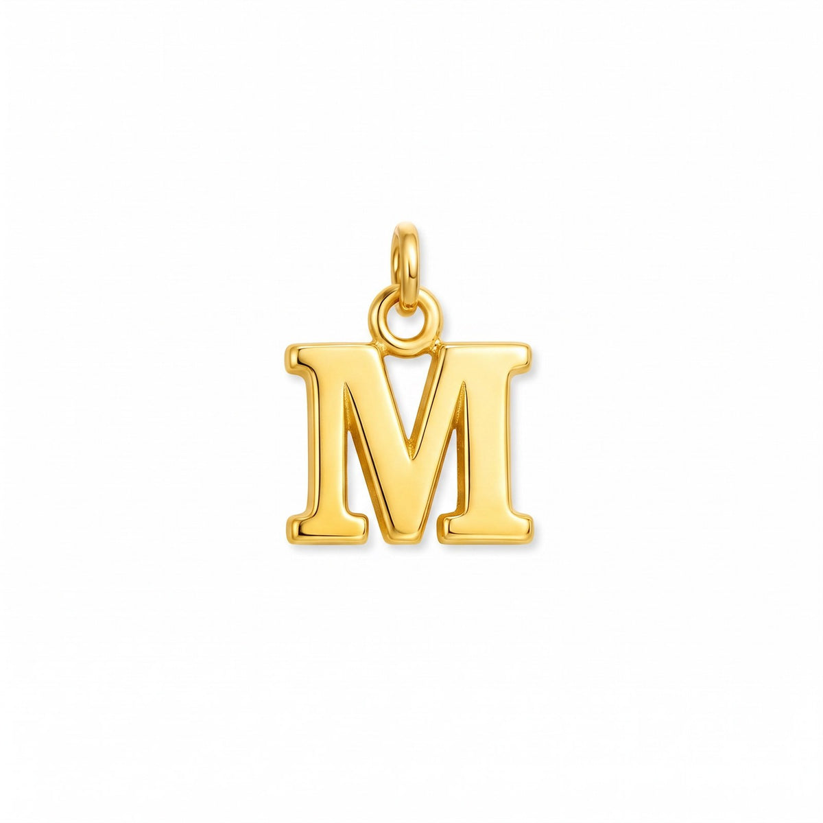 Gold initial pendant, letter M, on white · Velezeco #opt1_13