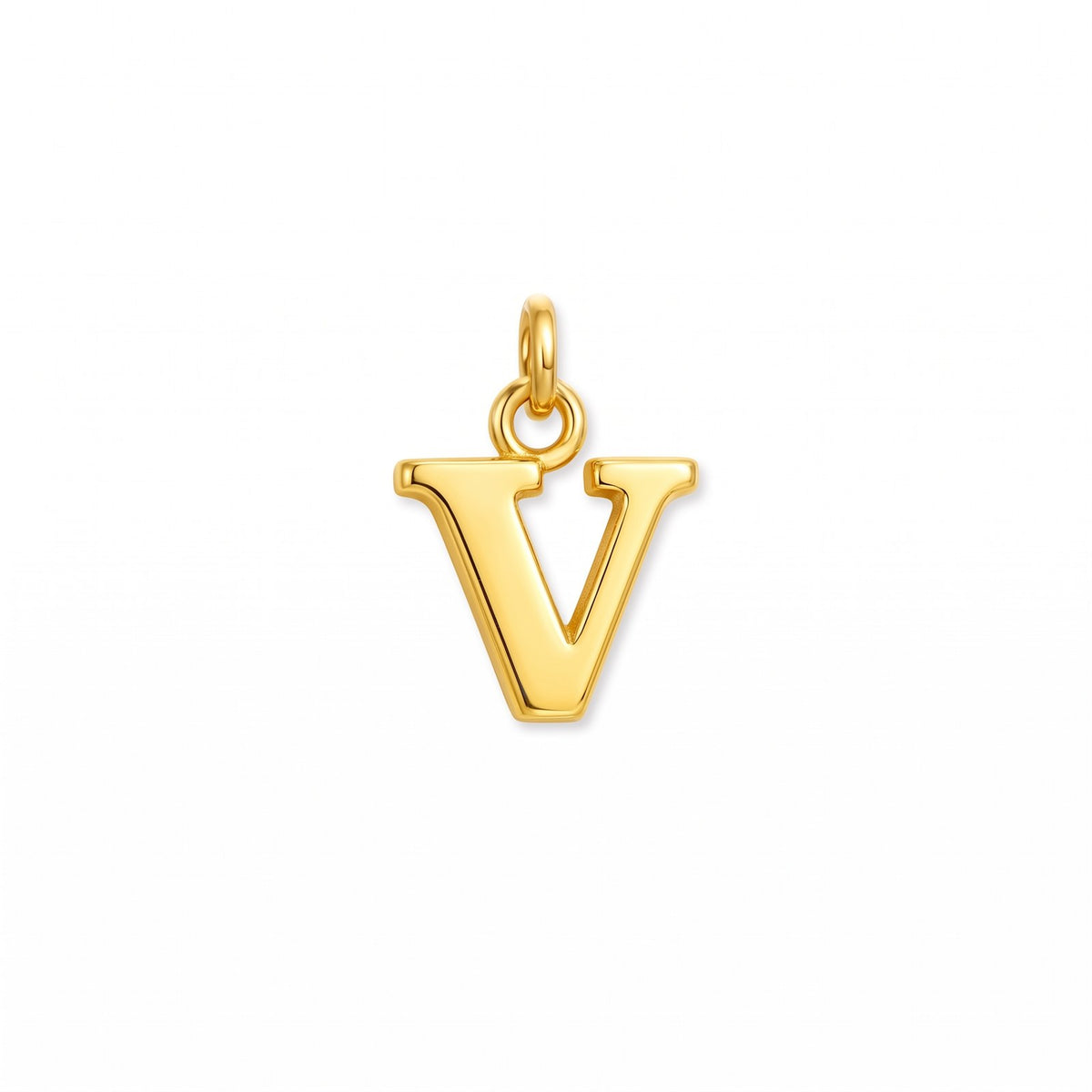 Gold initial pendant, letter V, on white · Velezeco #opt1_22