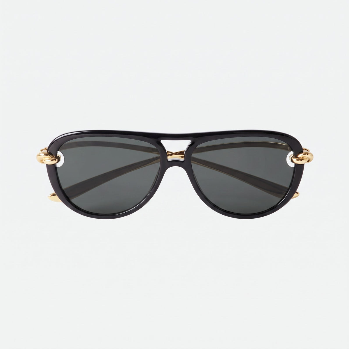 Lunna black aviator sunglasses with dark grey lenses and gold knot temples, front view · Velezeco #opt1_2