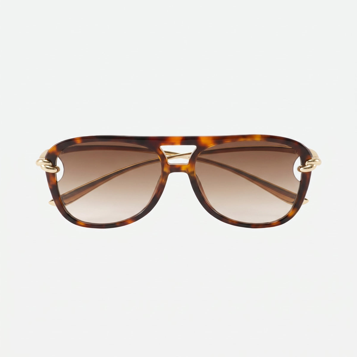 Lunna tortoiseshell aviator sunglasses with brown gradient lenses and gold knot temples, front view · Velezeco #opt1_3