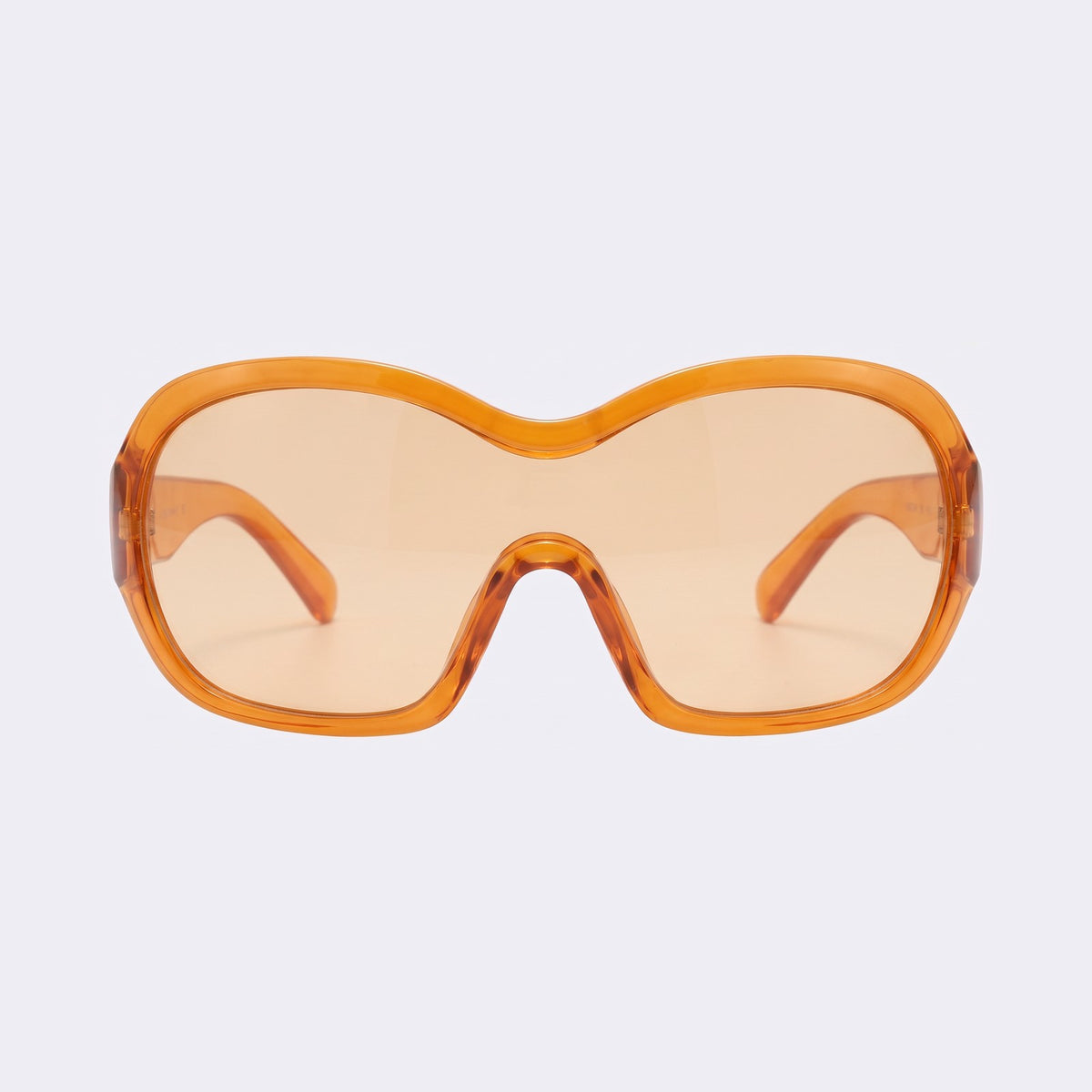 Y2K shield sunglasses with translucent orange frame and amber lens, front view — Marrakech — Velezeco #opt1_2