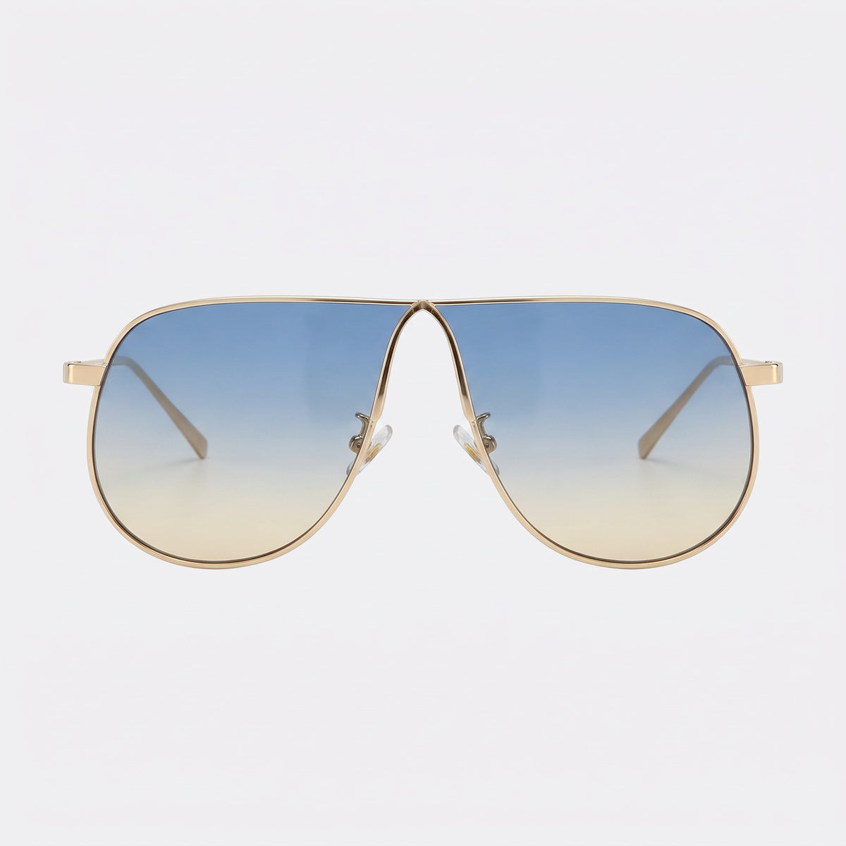 Mirage oversized gold shield aviator sunglasses with blue to yellow gradient lenses, Blue Yellow, front view · Velezeco #opt1_3